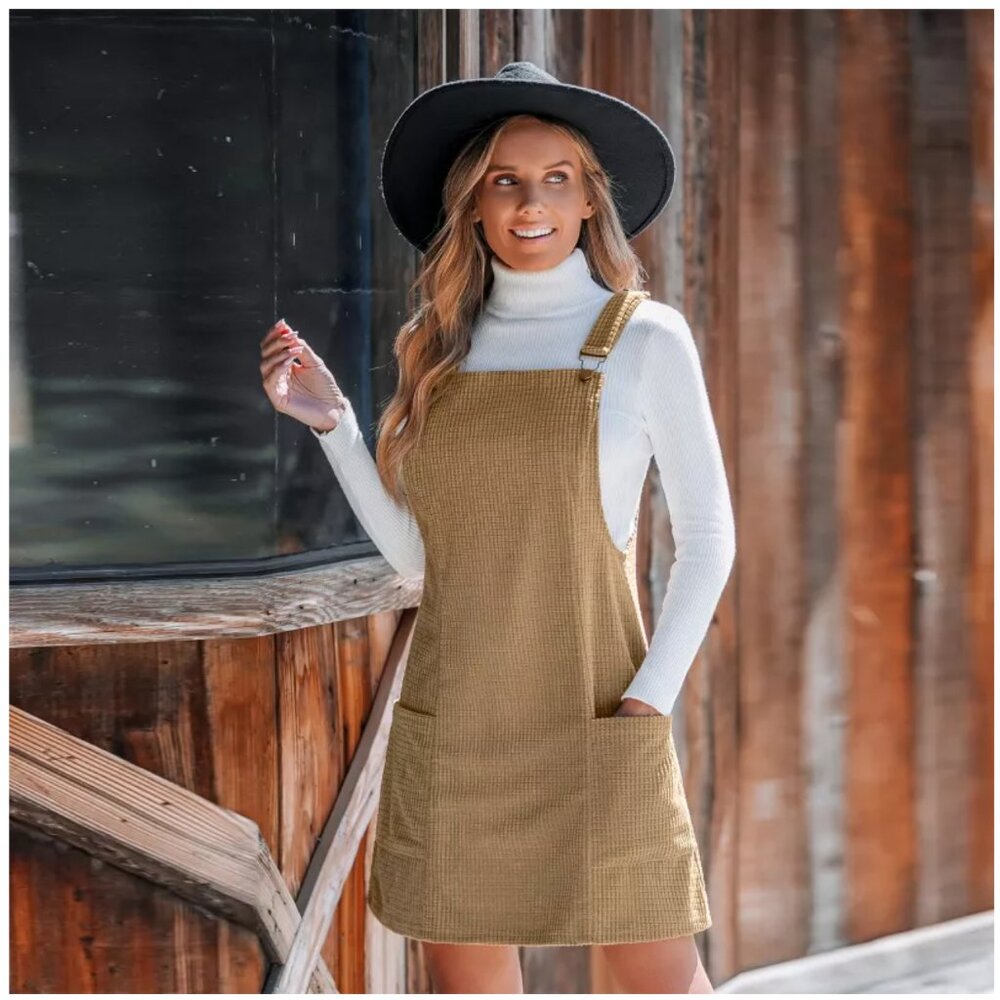 Cupshe Corduroy Front Pocket Overalls Mini Dress, Brown, Tan - Size XL